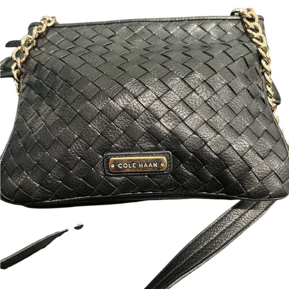 Cole Haan Black Leather Crossbody with Gold Chain - Picture 2 of 12